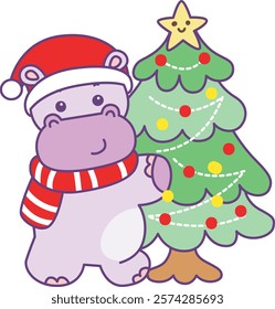 Cute hippo vector icon with christmas theme. Funny baby hippo animal christmas illustration.
Santa hippo bring a christmas tree