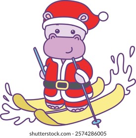 Cute hippo vector icon with christmas theme. Funny baby hippo animal christmas illustration.
Santa hippo was skiing