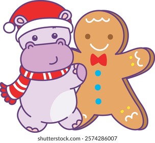 Cute hippo vector icon with christmas theme. Funny baby hippo animal christmas illustration.
Santa hippo hugging a ginger bread