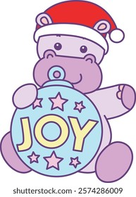 Cute hippo vector icon with christmas theme. Funny baby hippo animal christmas illustration.
Santa hippo bring a joy decoration