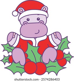 Cute hippo vector icon with christmas theme. Funny baby hippo animal christmas illustration.
Santa hippo in the middle of plants
