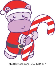 Cute hippo vector icon with christmas theme. Funny baby hippo animal christmas illustration.
A baby santa hippo hugging a stick