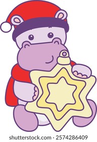 Cute hippo vector icon with christmas theme. Funny baby hippo animal christmas illustration.
Santa hippo bring a yellow stars