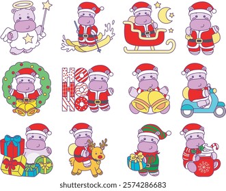 Cute hippo vector icon with christmas theme. Funny baby hippo animal christmas illustration.
Activities of any santa hippo