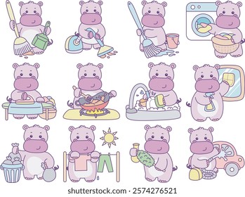 Cute hippo vector icon. Funny baby hippo animal series stock illustration. life of fluffy hippo designs.
All cute hippo with variation of chores.