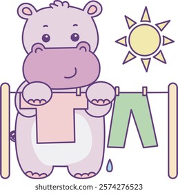 Cute hippo vector icon. Funny baby hippo animal series stock illustration. life of fluffy hippo designs.
Hippo laundry the clothes and pants under the sun