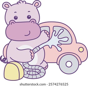 Cute hippo vector icon. Funny baby hippo animal series stock illustration. life of fluffy hippo designs.
Hippo was cleaning the car