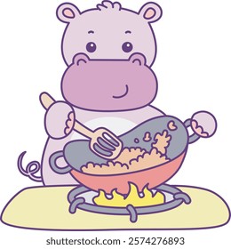 Cute hippo vector icon. Funny baby hippo animal series stock illustration. life of fluffy hippo designs.
Hippo cooking the fried rice