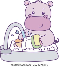 Cute hippo vector icon. Funny baby hippo animal series stock illustration. life of fluffy hippo designs.Hippo cleaning the plates and cups in the sink