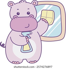 Cute hippo vector icon. Funny baby hippo animal series stock illustration. life of fluffy hippo designs.
Hippo cleaning the window with spray and wipe