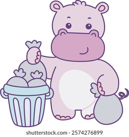 Cute hippo vector icon. Funny baby hippo animal series stock illustration. life of fluffy hippo designs.
Hippo throw the garbage