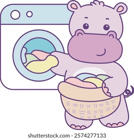 Cute hippo vector icon. Funny baby hippo animal series stock illustration. life of fluffy hippo designs.
Hippo washing the clothes with washing machine