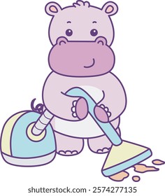 Cute hippo vector icon. Funny baby hippo animal series stock illustration. life of fluffy hippo designs.
Hippo cleaning the foor with vacuum cleaner