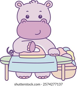 Cute hippo vector icon. Funny baby hippo animal series stock illustration. life of fluffy hippo designs.
Hippo ironing the clothes