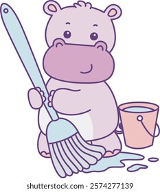 Cute hippo vector icon. Funny baby hippo animal series stock illustration. life of fluffy hippo designs.
Hippi clear the floor with mop