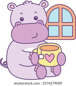 Cute hippo vector icon. Funny baby hippo animal series stock illustration. life of fluffy hippo designs.
Hippo relax with a cup of tea