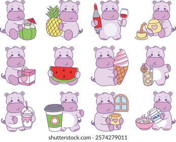 Cute hippo vector icon. Funny baby hippo animal series stock illustration. life of fluffy hippo designs.
Hippo in variation of drink and beverage