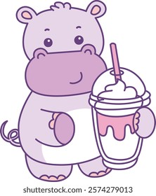 Cute hippo vector icon. Funny baby hippo animal series stock illustration. life of fluffy hippo designs.
Hippo drink the milkshake