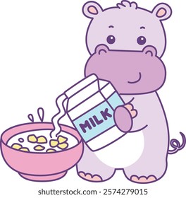 Cute hippo vector icon. Funny baby hippo animal series stock illustration. life of fluffy hippo designs.
Hippo pouring the milk into cereal