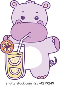 Cute hippo vector icon. Funny baby hippo animal series stock illustration. life of fluffy hippo designs.
Hippo drinking the orange juice