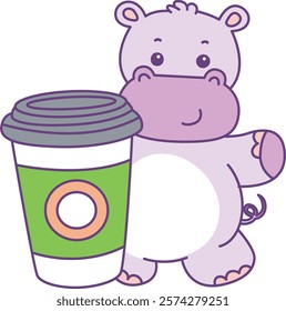 Cute hippo vector icon. Funny baby hippo animal series stock illustration. life of fluffy hippo designs.
A hippo bring the cup of coffee