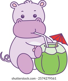 Cute hippo vector icon. Funny baby hippo animal series stock illustration. life of fluffy hippo designs.
A hippo drinking a fresh coconut