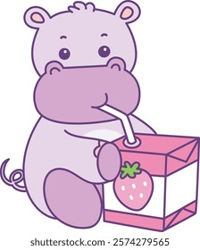 Cute hippo vector icon. Funny baby hippo animal series stock illustration. life of fluffy hippo designs.
Hippo drinking a strawberry milk