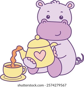 Cute hippo vector icon. Funny baby hippo animal series stock illustration. life of fluffy hippo designs.
A hippo pouring the tea into cup