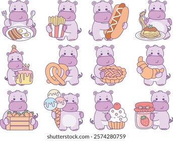 Cute hippo vector icon. Funny baby hippo animal series stock illustration. life of fluffy hippo designs.
Cute hippo with variation of food and snack