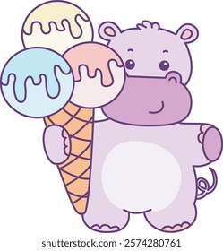 Cute hippo vector icon. Funny baby hippo animal series stock illustration. life of fluffy hippo designs.
Hippo with three scoops of ice cream