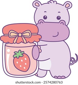 Cute hippo vector icon. Funny baby hippo animal series stock illustration. life of fluffy hippo designs.
Hippo with strawberry jam