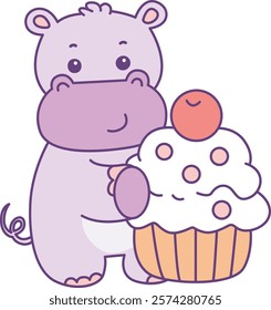 Cute hippo vector icon. Funny baby hippo animal series stock illustration. life of fluffy hippo designs.
Hippo with cupcake