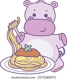 Cute hippo vector icon. Funny baby hippo animal series stock illustration. life of fluffy hippo designs.
Hippo want to eating spaghetti