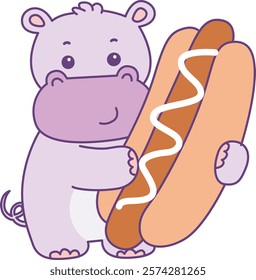 Cute hippo vector icon. Funny baby hippo animal series stock illustration. life of fluffy hippo designs.
Hippo bring a hot dog