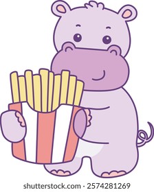 Cute hippo vector icon. Funny baby hippo animal series stock illustration. life of fluffy hippo designs.
Hippo bring a french fries