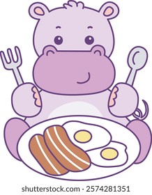 Cute hippo vector icon. Funny baby hippo animal series stock illustration. life of fluffy hippo designs.
Hippo want to breakfast with eggs and bacons