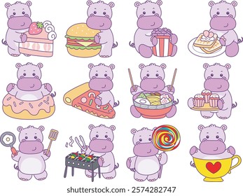 Cute hippo vector icon. Funny baby hippo animal series stock illustration. life of fluffy hippo designs.
Hippo with any fast food and snack time