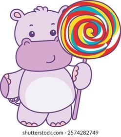 Cute hippo vector icon. Funny baby hippo animal series stock illustration. life of fluffy hippo designs.
Hippo bring a big lollipop