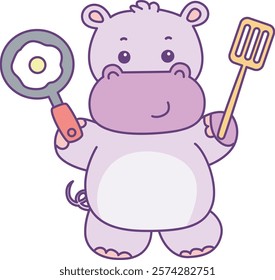 Cute hippo vector icon. Funny baby hippo animal series stock illustration. life of fluffy hippo designs.
Hippo with spatula and eggs