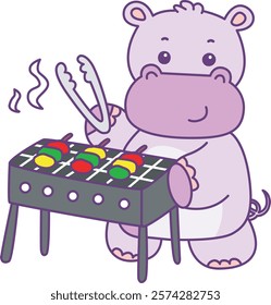 Cute hippo vector icon. Funny baby hippo animal series stock illustration. life of fluffy hippo designs.
Hippo with barbecue time