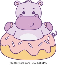 Cute hippo vector icon. Funny baby hippo animal series stock illustration. life of fluffy hippo designs.
Hippo in the middle of doughnut