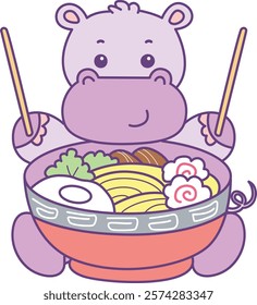 Cute hippo vector icon. Funny baby hippo animal series stock illustration. life of fluffy hippo designs.
Hippo want to eating noodles