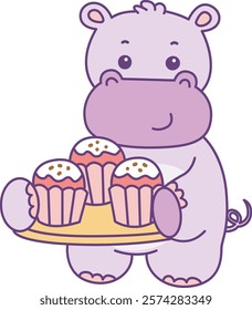 Cute hippo vector icon. Funny baby hippo animal series stock illustration. life of fluffy hippo designs.
Hippo bring a three cupcakes