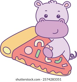 Cute hippo vector icon. Funny baby hippo animal series stock illustration. life of fluffy hippo designs.
Hippo with big pizza