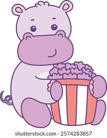 Cute hippo vector icon. Funny baby hippo animal series stock illustration. life of fluffy hippo designs.
Hippo bring a popcorn