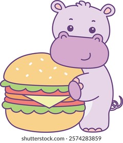 Cute hippo vector icon. Funny baby hippo animal series stock illustration. life of fluffy hippo designs.
Hippo bring a big burger