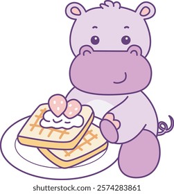 Cute hippo vector icon. Funny baby hippo animal series stock illustration. life of fluffy hippo designs.
Hippo bring a bread with strawberry