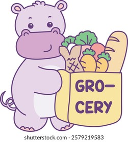 Cute hippo vector icon. Funny baby hippo animal series stock illustration. life of fluffy hippo designs.
Hippo with grocery bag