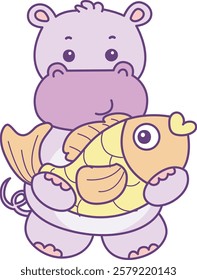 Cute hippo vector icon. Funny baby hippo animal series stock illustration. life of fluffy hippo designs.
Hippo is carrying the gold fish