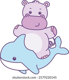 Cute hippo vector icon. Funny baby hippo animal series stock illustration. life of fluffy hippo designs.
Hippo is riding a shark